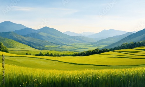Serene Landscape, Rolling Hills and Golden Fields Under a Summer Sky