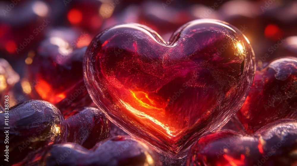 A single red glass heart amidst many others A single red glass heart amidst many others
