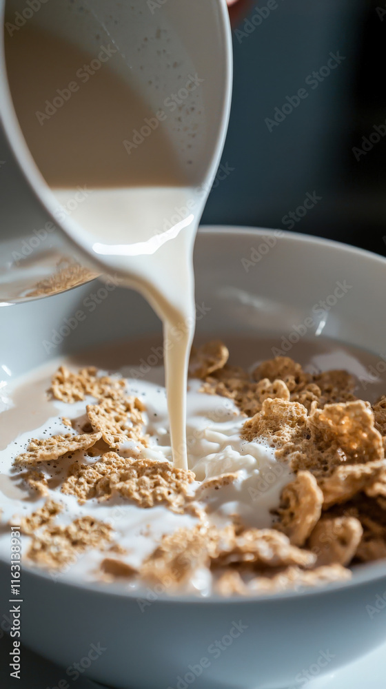 A close-up captures a person pouring milk into a bowl of cereal, with the milk flowing smoothly and cereal pieces floating, creating a comforting and inviting breakfast scene. A close-up captures a person pouring milk into a bowl of cereal, with the milk flowing smoothly and cereal pieces floating, creating a comforting and inviting breakfast scene.