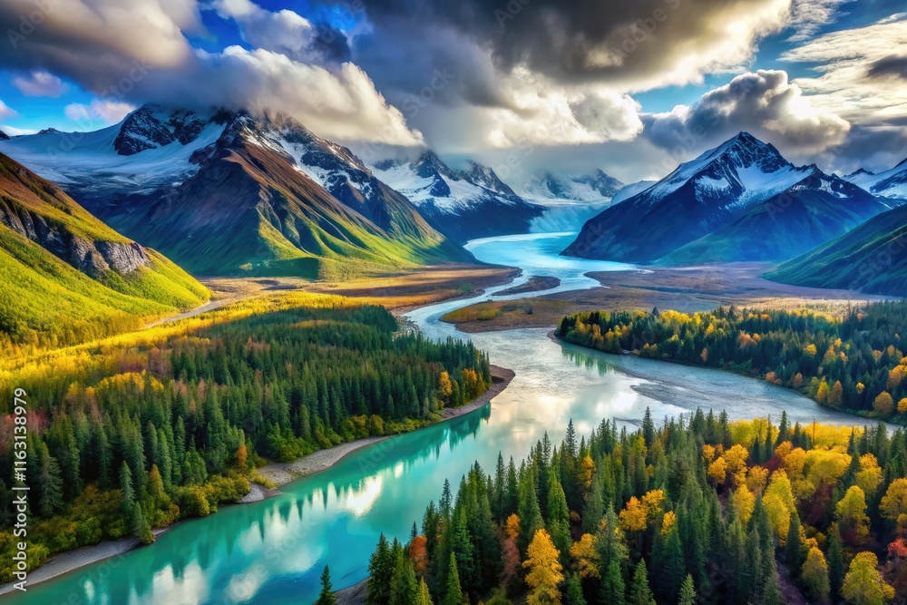 Fototapeta premium Soaring Alaskan peaks, ice rivers, and verdant forests unfold in a stunning aerial landscape.