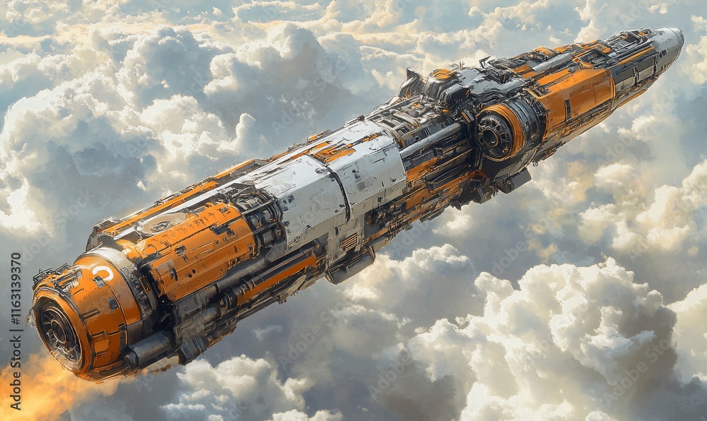 Orange spaceship flies through clouds. Orange spaceship flies through clouds.
