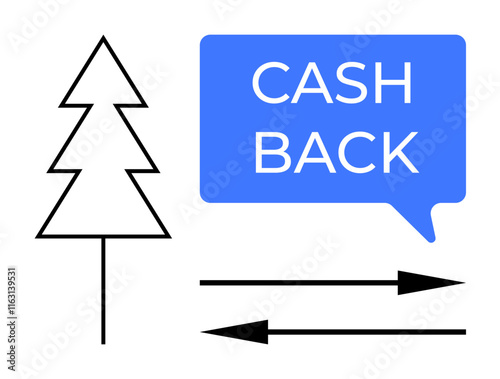 Evergreen tree with geometric outline symbolizes sustainability. Blue speech bubble with CASH BACK inside represents financial incentives. Two arrows indicate transactional flow. Ideal for financial