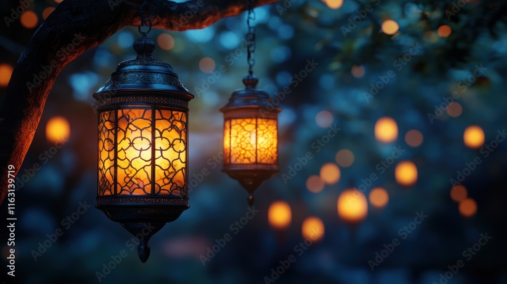 Glowing lanterns hanging in a serene evening setting. Glowing lanterns hanging in a serene evening setting.