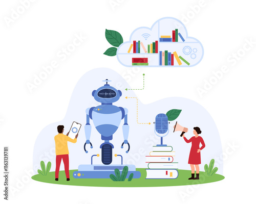 Machine learning, AI assistant training using cloud data storage and library. Tiny people teach robot with help of voice commands, books from digital shelf and mobile app cartoon vector illustration