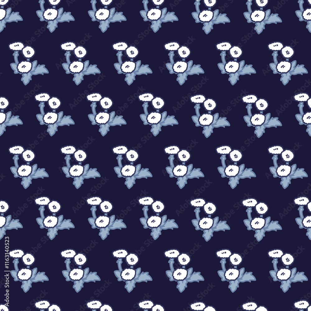Fototapeta premium Chic Blue Theme Pattern Chic Dandelion Flower Art. This seamless pattern perfect for textiles, wallpapers, and decorative applications, ideal for lovers of nature-inspired aesthetics
