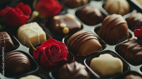 Assorted Chocolates and Red Roses in a Box