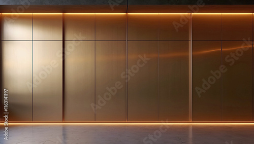 Sleek Gold Paneled Wall With Subtle Vertical Divisions And Warm Ambient Lighting Accentuating Smooth Marble Flooring For Luxurious Modern Interior Design
