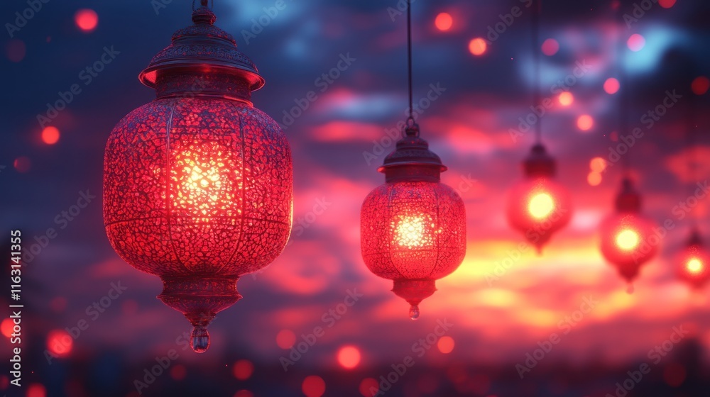 Decorative lanterns glowing at sunset.