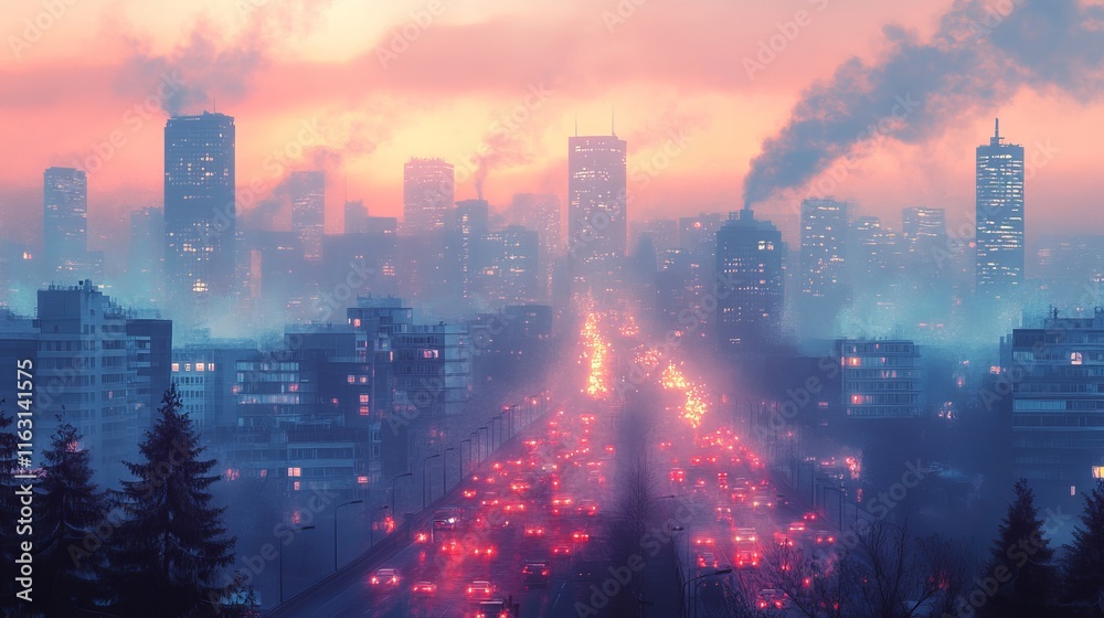 Fototapeta premium Urban Cityscape Covered in Smog with Blurred Outlines at Dusk