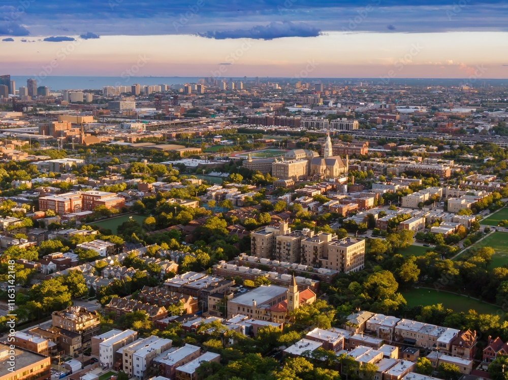 Obraz premium Chicago cityscape at sunset, showing residential neighborhoods, a park, and a church. Urban landscape. University Village - Little Italy, Chicago, Illinois, United States Of America