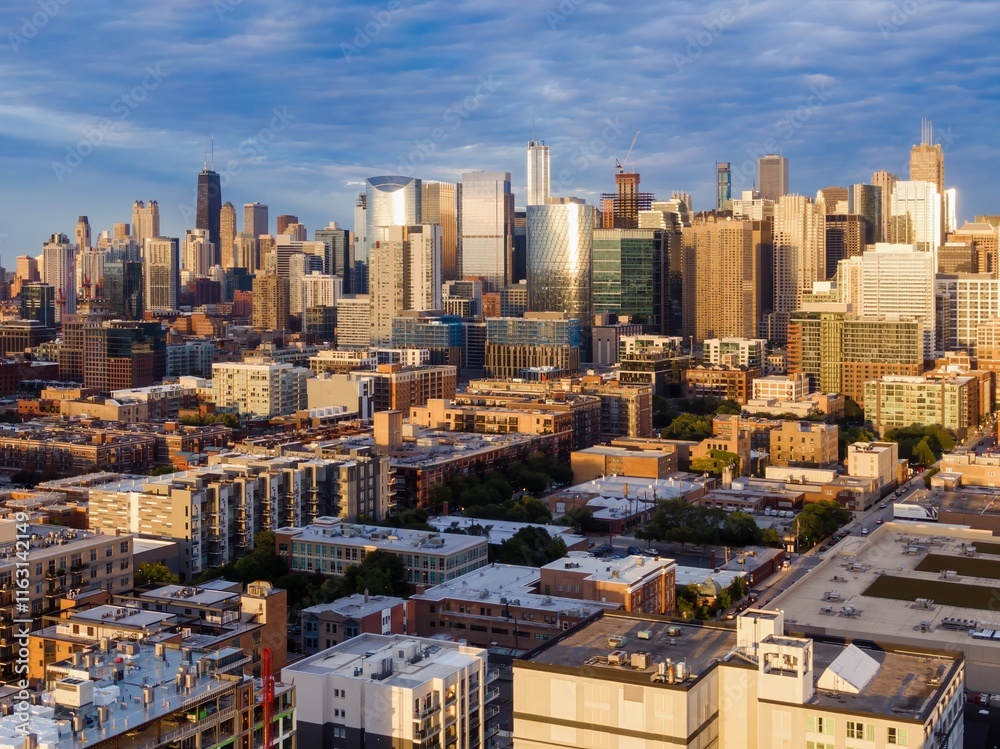 Obraz premium Chicago skyline at sunrise, showcasing diverse architecture and urban development. Modern high-rises contrast with older buildings. Downtown, Chicago, Illinois, United States Of America
