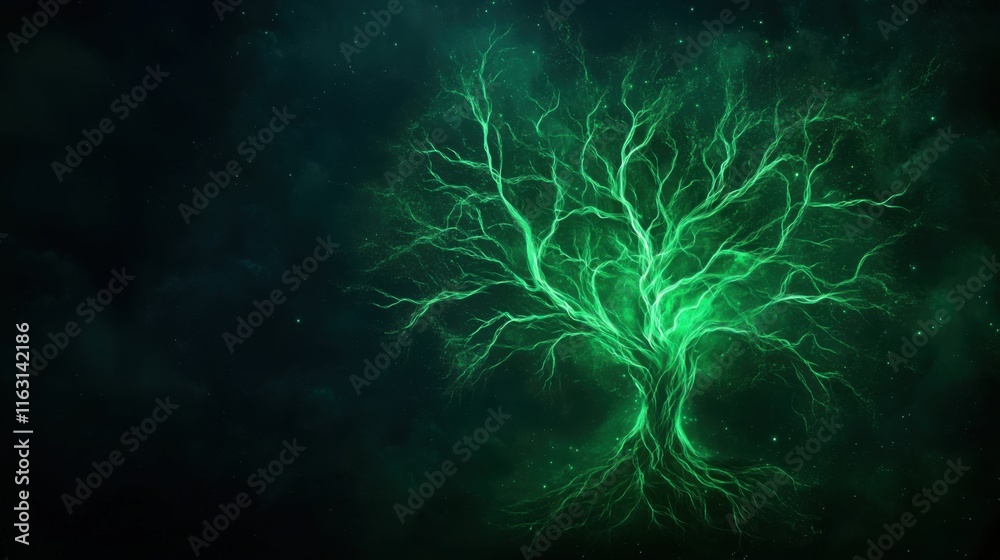 Obraz premium Glowing Green Tree with Intricate Branches Illuminating Dark Background for Artistic Backgrounds and Designs