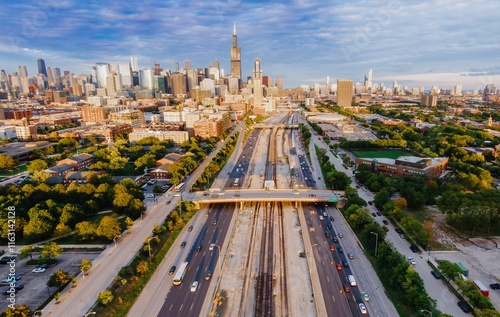 Elevated view of Chicago highway construction, showing traffic and city skyline. Urban renewal project underway. University Village - Little Italy, Chicago, Illinois, United States Of America photo