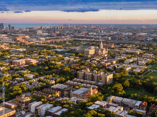 Valokuva Chicago cityscape at sunset, showing residential neighborhoods, a park, and a church