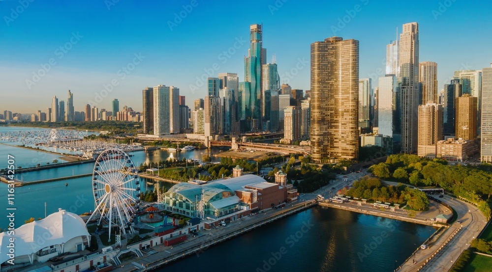 Fototapeta premium Chicago skyline, harbor, and Ferris wheel at sunrise. Cityscape, waterfront, and entertainment. Navy Pier, Chicago, Illinois, United States Of America