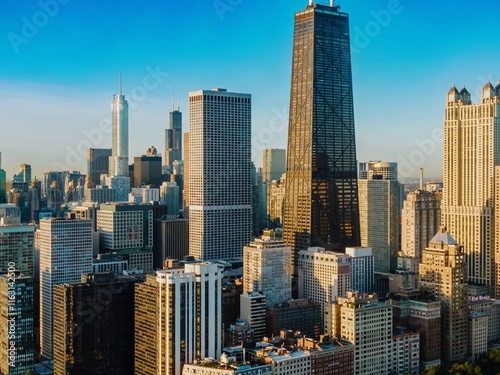 Chicago skyline at sunrise, showcasing iconic skyscrapers. Urban architecture. Downtown, Chicago, Illinois, United States Of America