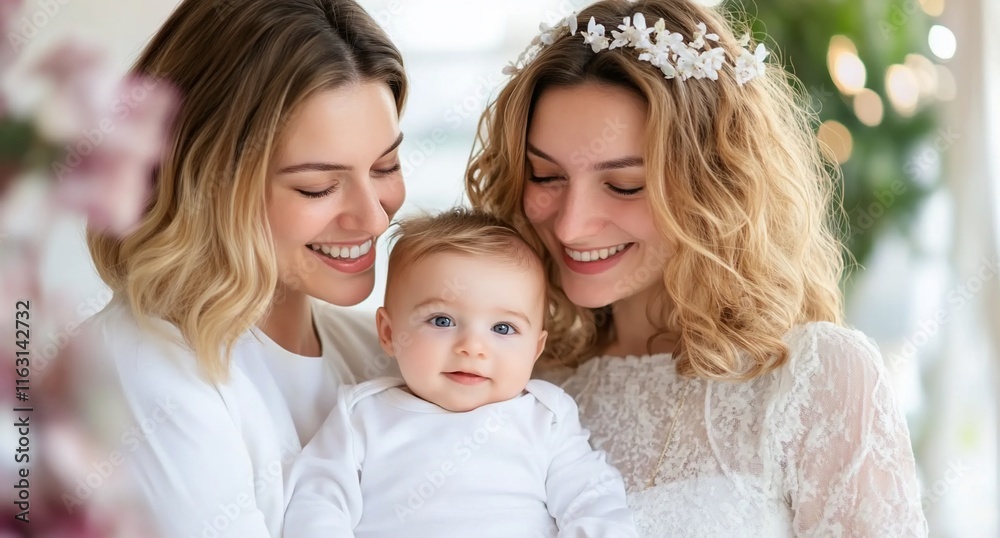 A joyful moment with two women and a baby, celebrating love and family. A joyful moment with two women and a baby, celebrating love and family.