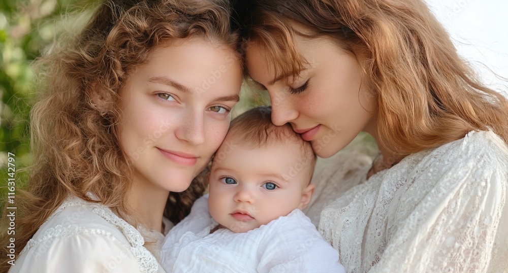 A tender moment between two women and a baby outdoors. A tender moment between two women and a baby outdoors.