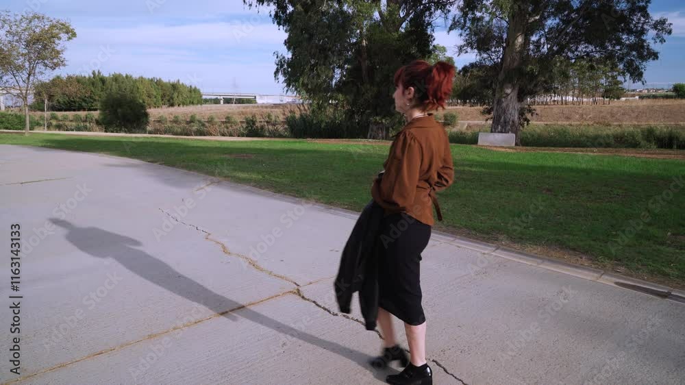 Chica joven millennial atravesando un parque de vuelta del trabajo.
