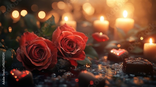 Romantic Roses Candles and Chocolates a Valentines Day Scene