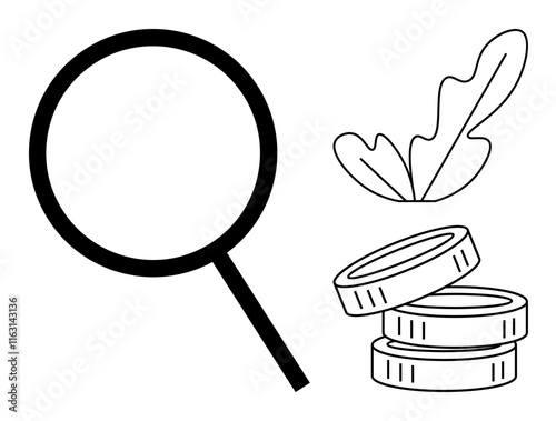 Magnifying glass, stack of coins, and a leaf. Ideal for financial analysis, economic growth, investment strategies, business development, research sustainability and nature. Simple abstract line photo