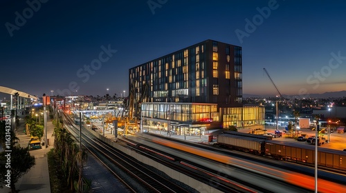 Nighttime Cityscape Featuring Modern Building and Train Tracks