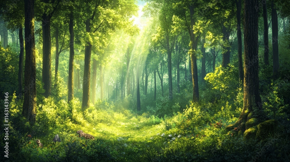 Fototapeta premium Lush Dense Forest with Tall Trees and Vibrant Greenery