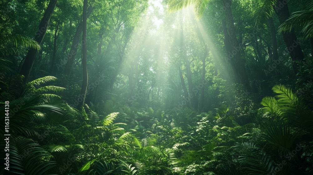 Fototapeta premium Dense Forest Filled with Tall Trees and Lush Greenery Illuminated