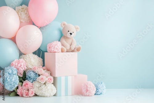 A baby first birthday invitation with adorable animal characters, balloons, and a pastel-colored circus theme