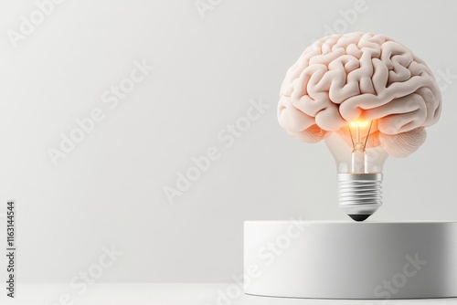 A clean design of a human brain with a single glowing lightbulb inside, symbolizing high IQ photo