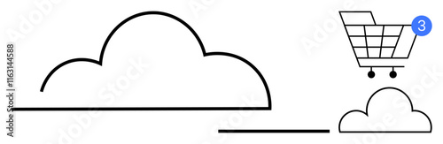 Cloud storage symbol with a shopping cart and notification bubble indicating three items. Ideal for e-commerce, cloud services, online shopping, data storage, digital marketing, notifications