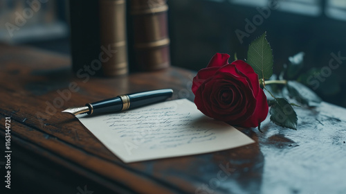 A love letter with a classic fountain pen on an antique wooden desk, with a single red rose beside it.
