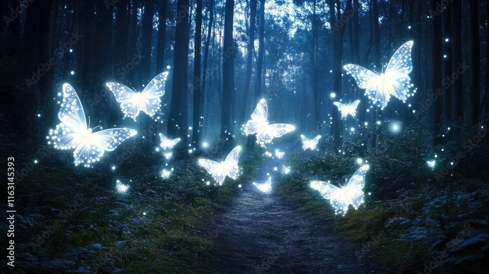 Fototapeta premium A mystical forest scene with glowing butterflies illuminating a dark path.