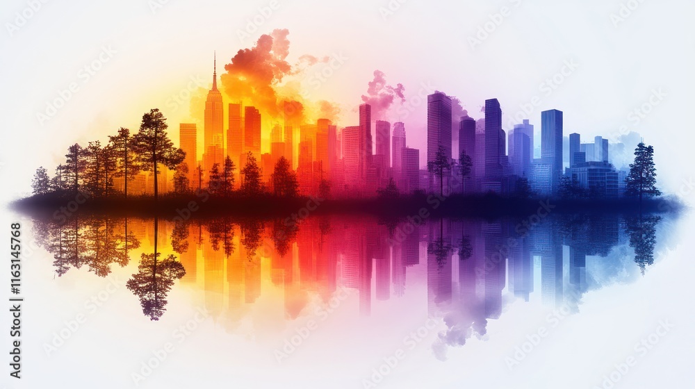 Fototapeta premium Vibrant city skyline reflection at sunset.
