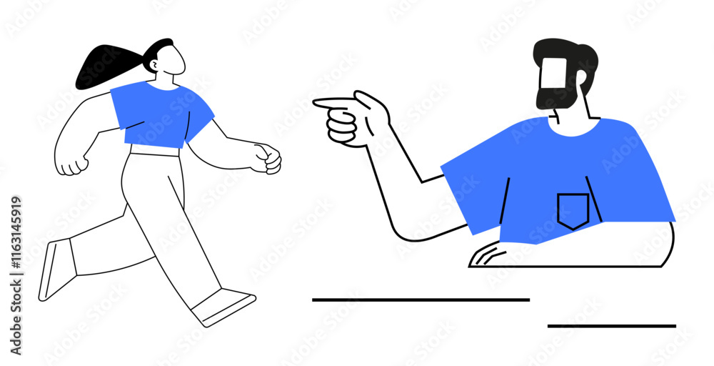 Two characters engage dynamically. Man points right with assertive gesture while woman walks left confidently. Ideal for communication, direction, interaction, leadership, decision-making, teamwork Two characters engage dynamically. Man points right with assertive gesture while woman walks left confidently. Ideal for communication, direction, interaction, leadership, decision-making, teamwork