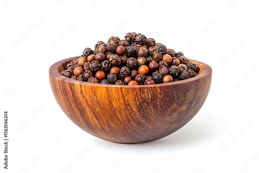 Black pepper in wooden bowl isolated on white background Black pepper in wooden bowl isolated on white background