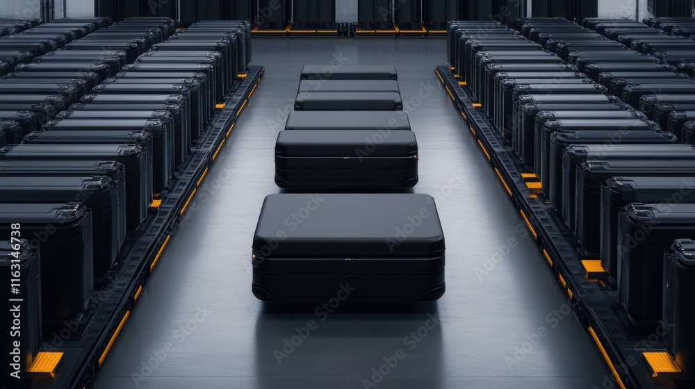 Fototapeta premium Rows of Black Suitcases on Modern Warehouse Floor with Industrial Design and Soft Lighting