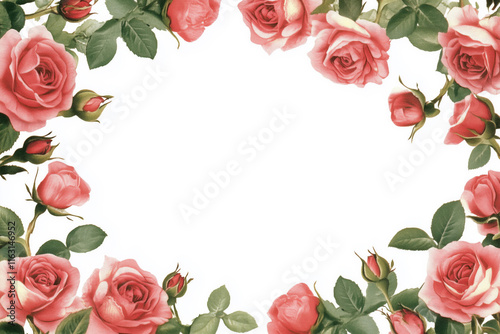 A white background surrounded by watercolor pink roses with empty space for text, logo, and own design placement