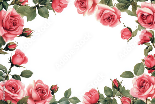 A white background surrounded by watercolor pink roses with empty space for text, logo, and own design placement