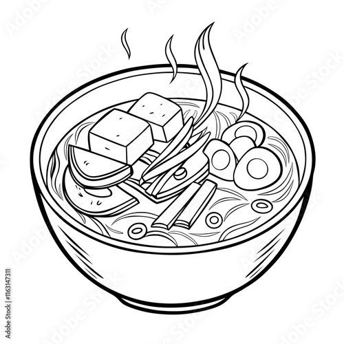 Line Art Illustration of a Bowl of Korean Food KIMCHI JJIGAE with Vegetables.