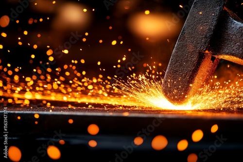 A glowing hot iron bar being forged on an anvil, sparks flying as a blacksmith hammers it into shape