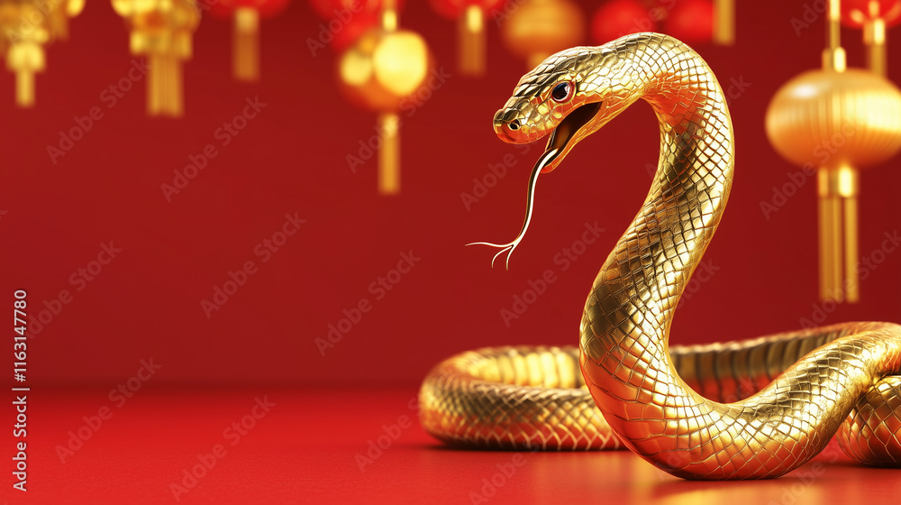 Fototapeta premium 3D snake on red background celebrating Chinese New Year with the symbol of the year