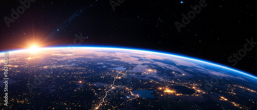 Earths Night Lights Golden City Glow, Space View, Planets Surface