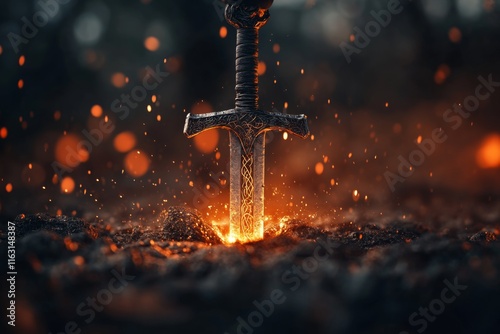 A magical iron sword glowing with runes, being forged by an enchanted blacksmith in a mystical forge