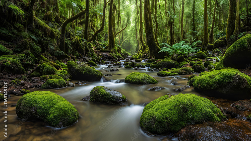 A rivulet situated in a lush rainforest environment A rivulet situated in a lush rainforest environment