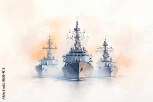 Indian naval ships form impressive fleet formation. Naval ships in ceremonial event. Ships seem to move in procession. Ships in formation at sea. Ships warships. Image illustrates naval ships moving