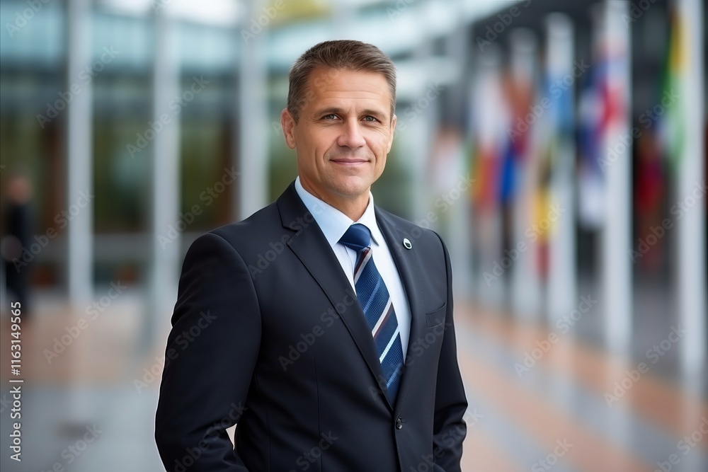 Portrait of a confident mature businessman standing in office lobby, looking at camera. Portrait of a confident mature businessman standing in office lobby, looking at camera.