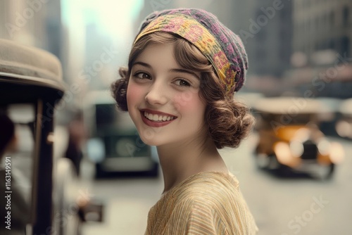 Woman in the 1930s standing smiling on a city street photo