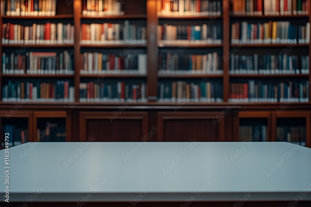 Empty Tabletop with Blurred Bookshelf Background Empty Tabletop with Blurred Bookshelf Background