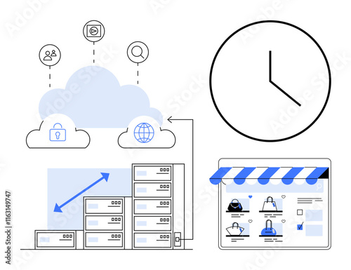 Cloud computing setup connected to secure databases, a scalable system, e-commerce storefront, and clock symbol. Ideal for business solutions, data security, scalability, online shopping, cloud